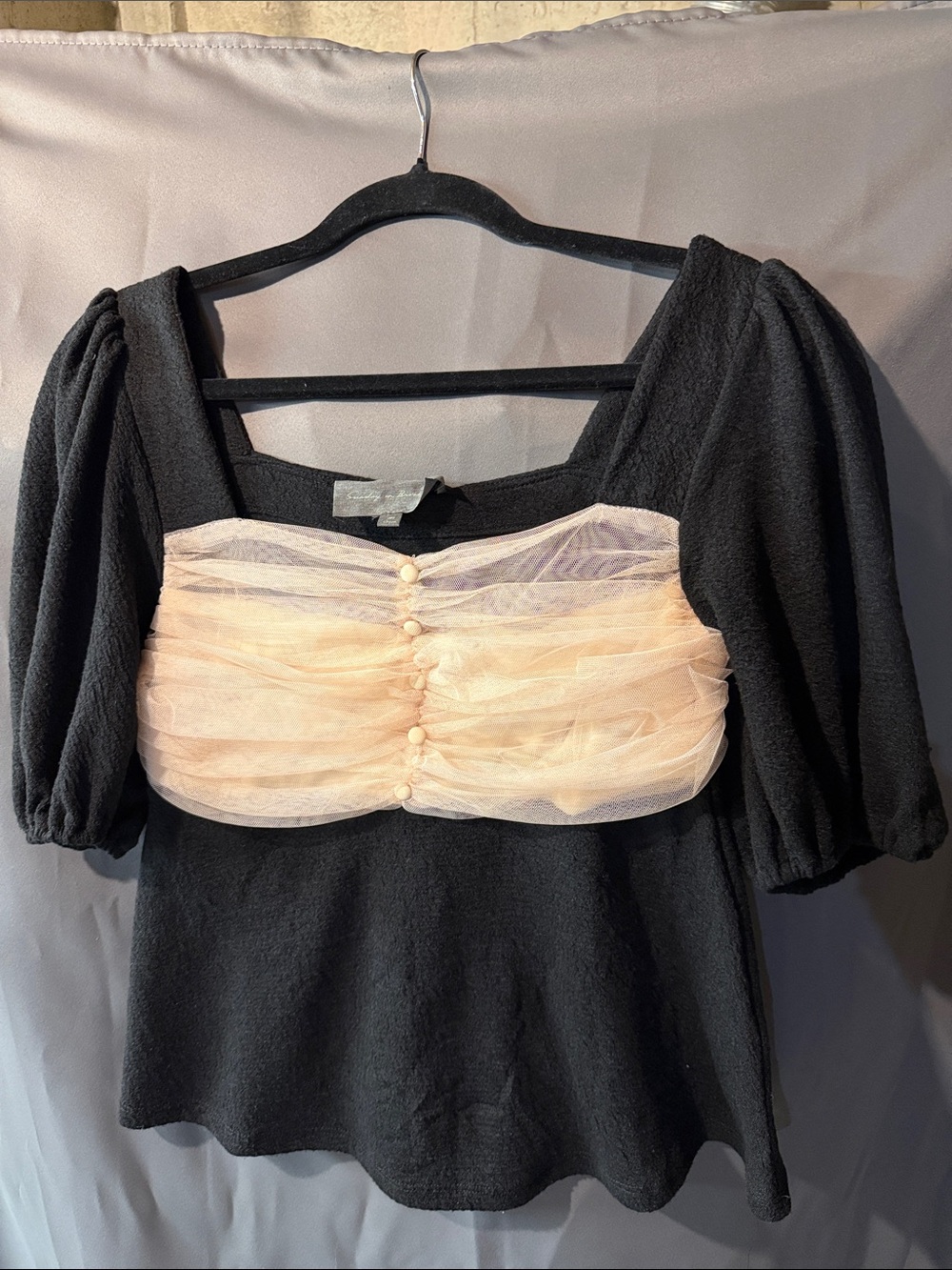 Sunday in Brooklyn Black Puff Sleeve Top with Peach Tulle Bust